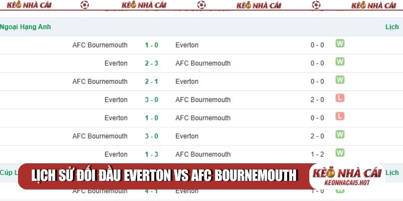 Lịch sử đối đầu Everton vs AFC Bournemouth